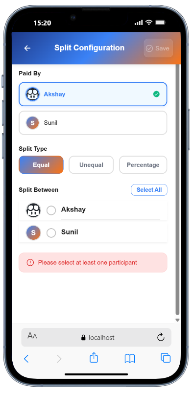Vibhajan app screenshot showing group management features for roommates and shared expenses